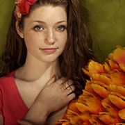 Headshot portrait of a girl on green background. Large orange flower in foreground.